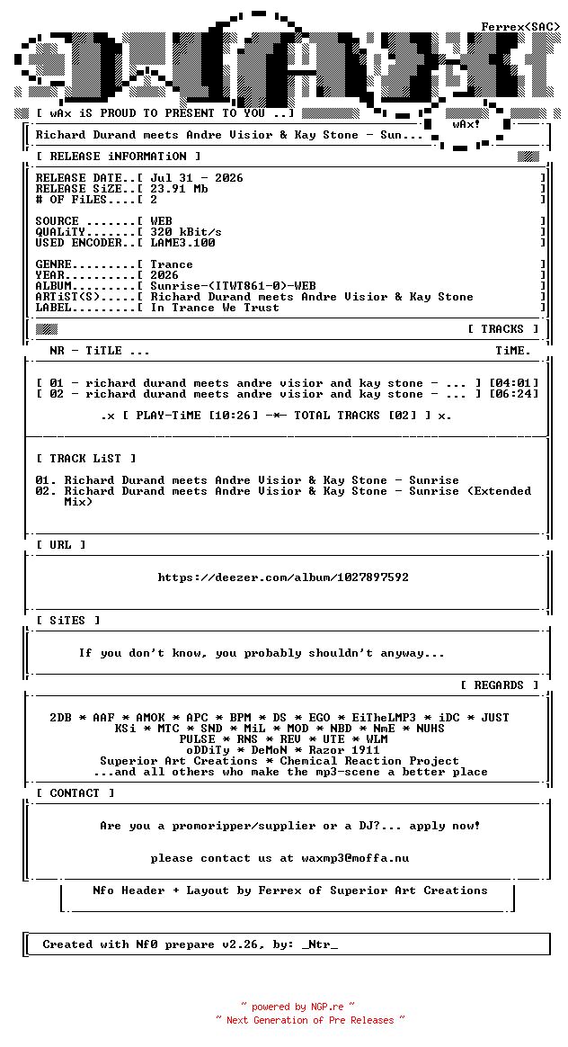 NFO for the release Richard_Durand_meets_Andre_Visior_and_Kay_Stone-Sunrise-(ITWT861-0)-WEB-2026-wAx by wAx