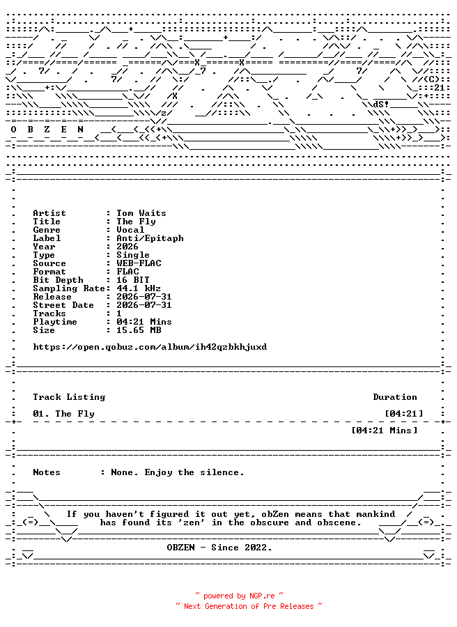 NFO for the release Tom_Waits-The_Fly-SINGLE-16BIT-WEB-FLAC-2026-OBZEN by OBZEN