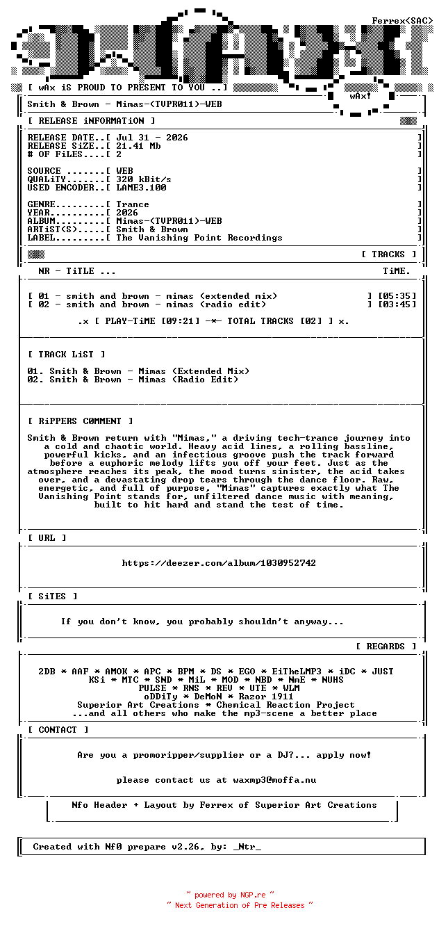 NFO for the release Smith_and_Brown-Mimas-(TVPR011)-WEB-2026-wAx by wAx