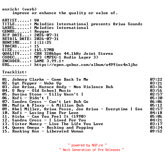 NFO for the release VA-Melodies_International_presents_Ariwa_Sounds-WEB-2026-ENRiCH_iNT by ENRiCH_iNT