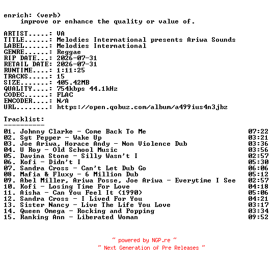 NFO for the release VA-Melodies_International_presents_Ariwa_Sounds-16BIT-WEB-FLAC-2026-ENRiCH_iNT by ENRiCH_iNT