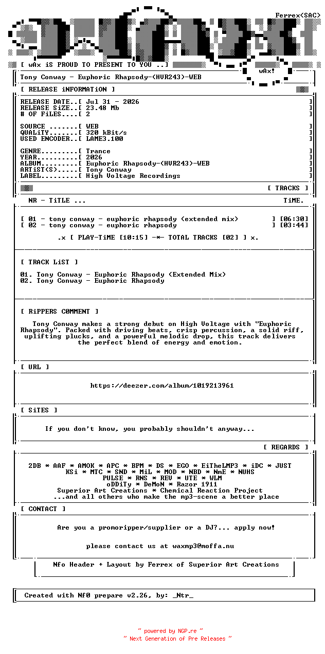 NFO for the release Tony_Conway-Euphoric_Rhapsody-(HVR243)-WEB-2026-wAx by wAx