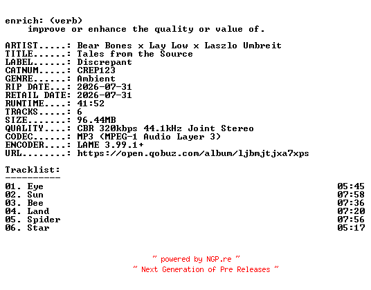 NFO for the release Bear_Bones_x_Lay_Low_x_Laszlo_Umbreit-Tales_from_the_Source-(CREP123)-WEB-2026-ENRiCH by ENRiCH