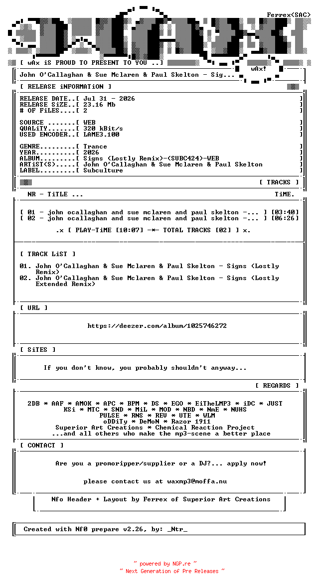 NFO for the release John_OCallaghan_and_Sue_Mclaren_and_Paul_Skelton-Signs_(Lostly_Remix)-(SUBC424)-WEB-2026-wAx by wAx