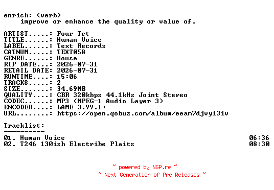 NFO for the release Four_Tet-Human_Voice-(TEXT058)-WEB-2026-ENRiCH by ENRiCH