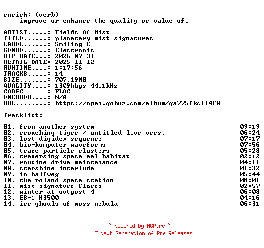 NFO for the release Fields_Of_Mist-planetary_mist_signatures-24BIT-WEB-FLAC-2025-ENRiCH by ENRiCH