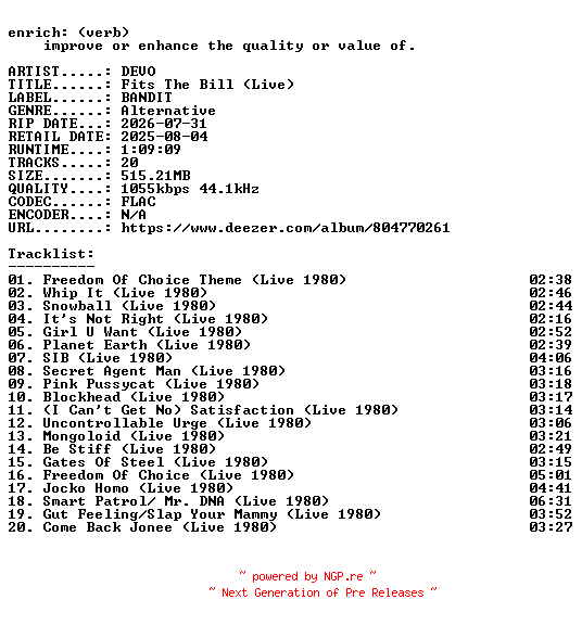 NFO for the release DEVO-Fits_The_Bill_(Live)-16BIT-WEB-FLAC-2025-ENRiCH by ENRiCH