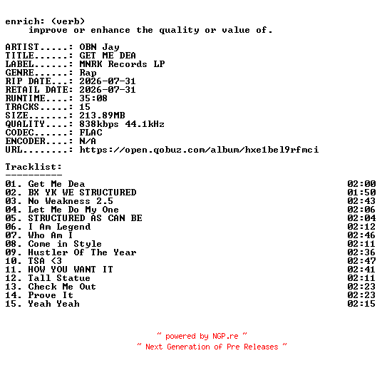 NFO for the release OBN_Jay-GET_ME_DEA-16BIT-WEB-FLAC-2026-ENRiCH by ENRiCH