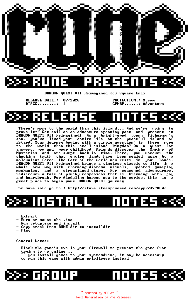 NFO for the release DRAGON.QUEST.VII.Reimagined-RUNE by RUNE