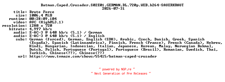 NFO for the release Batman.Caped.Crusader.S02E01.GERMAN.DL.720p.WEB.h264-SAUERKRAUT by SAUERKRAUT