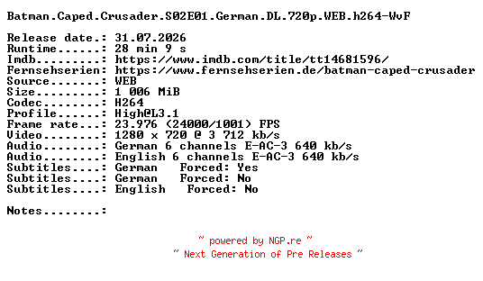 NFO for the release Batman.Caped.Crusader.S02E01.German.DL.720p.WEB.h264-WvF by WvF