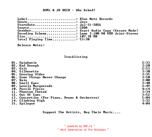 NFO for the release DOMi_And_JD_BECK-Who_Asked-2026-C4 by C4