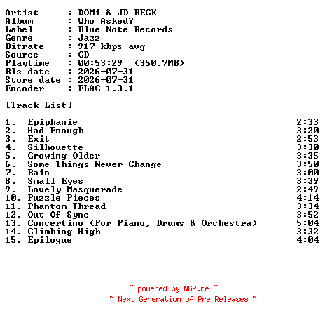 NFO for the release DOMi_And_JD_BECK-Who_Asked-CD-FLAC-2026-PERFECT by PERFECT