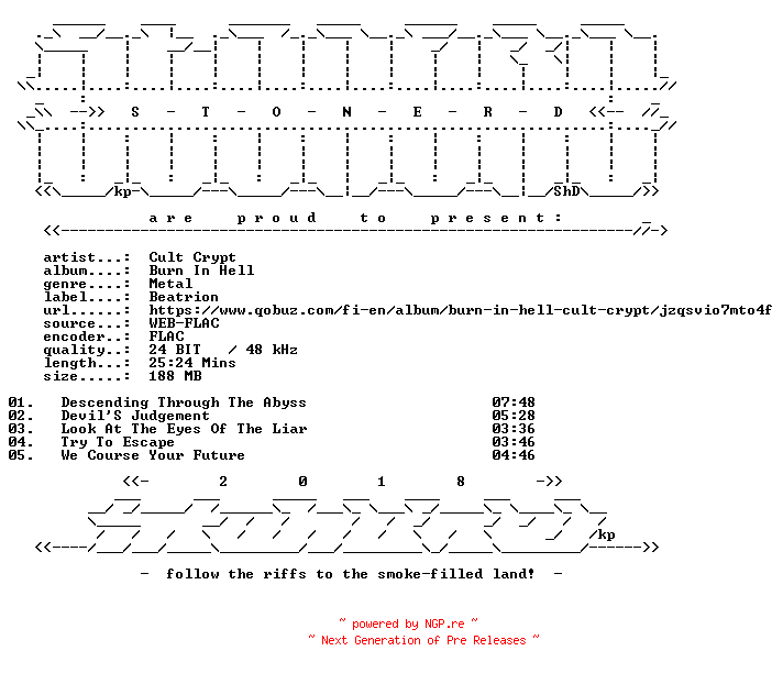 NFO for the release Cult_Crypt-Burn_In_Hell-24BIT-WEB-FLAC-2026-STONERD by STONERD