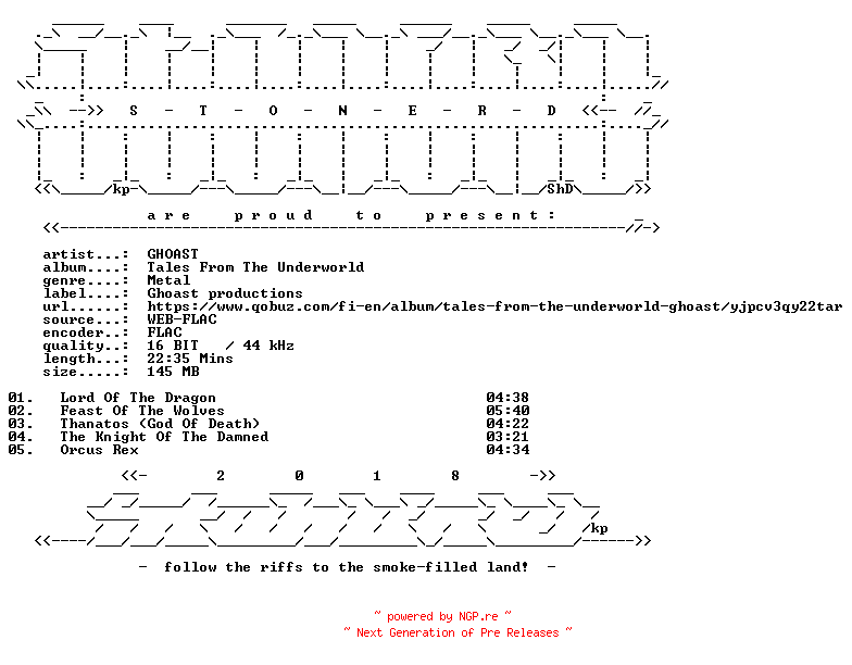 NFO for the release GHOAST-Tales_From_The_Underworld-16BIT-WEB-FLAC-2026-STONERD by STONERD