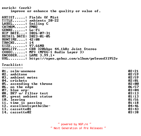 NFO for the release Fields_Of_Mist-ambients_20-22-(FM02)-WEB-2023-ENRiCH by ENRiCH