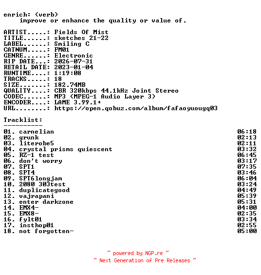 NFO for the release Fields_Of_Mist-sketches_21-22-(FM01)-WEB-2023-ENRiCH by ENRiCH