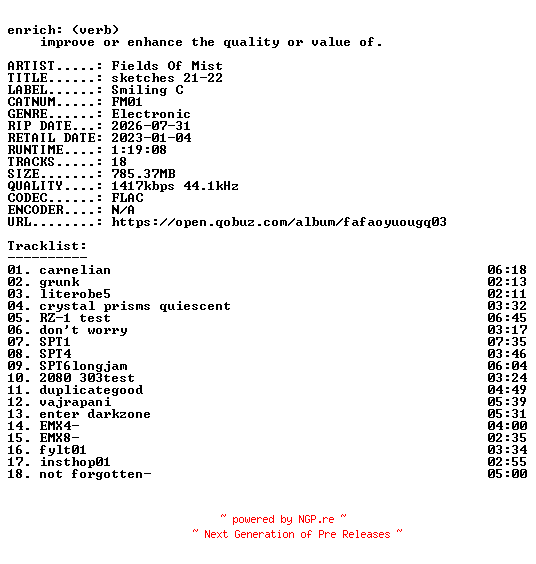 NFO for the release Fields_Of_Mist-sketches_21-22-(FM01)-24BIT-WEB-FLAC-2023-ENRiCH by ENRiCH