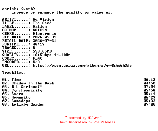 NFO for the release Nu_Vision-The_Seed-(NATD24)-24BIT-WEB-FLAC-2026-ENRiCH by ENRiCH