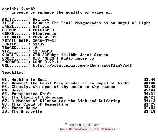 NFO for the release Rei_Low-Beware_The_Devil_Masquerades_as_an_Angel_of_Light-(EATDIS033)-WEB-2026-ENRiCH by ENRiCH