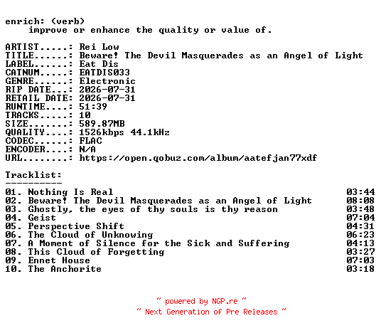 NFO for the release Rei_Low-Beware_The_Devil_Masquerades_as_an_Angel_of_Light-(EATDIS033)-24BIT-WEB-FLAC-2026-ENRiCH by ENRiCH