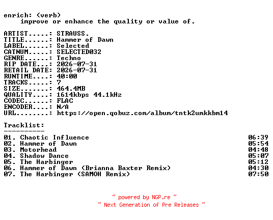 NFO for the release STRAUSS.-Hammer_of_Dawn-(SELECTED032)-24BIT-WEB-FLAC-2026-ENRiCH by ENRiCH