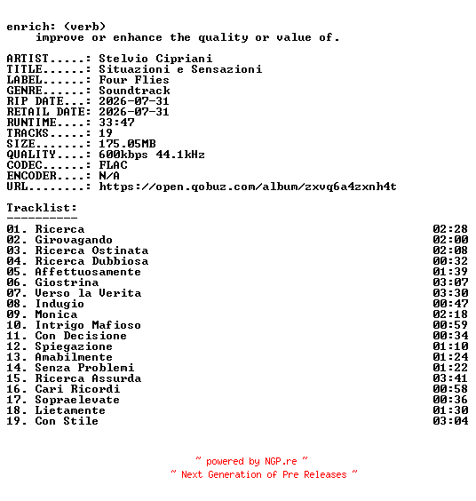 NFO for the release Stelvio_Cipriani-Situazioni_e_Sensazioni-OST-16BIT-WEB-FLAC-2026-ENRiCH by ENRiCH