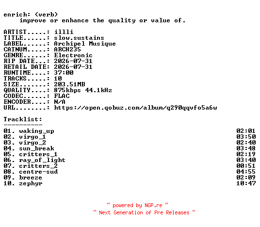 NFO for the release illli-slow.sustains-(ARCH235)-16BIT-WEB-FLAC-2026-ENRiCH by ENRiCH