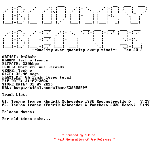 NFO for the release D-Shake-Techno_Trance-(NTCLASS009)-WEB-2026-BB by BB