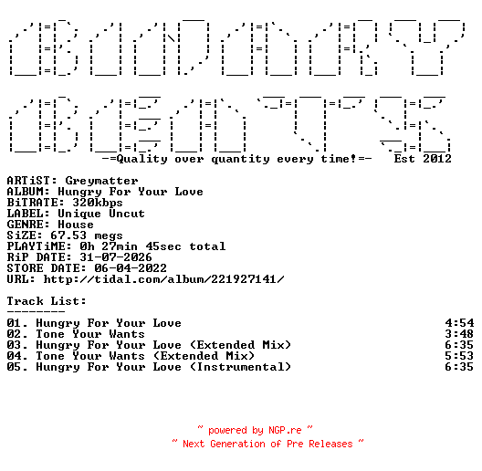 NFO for the release Greymatter-Hungry_For_Your_Love-(UUDIGI029)-WEB-2022-BB by BB
