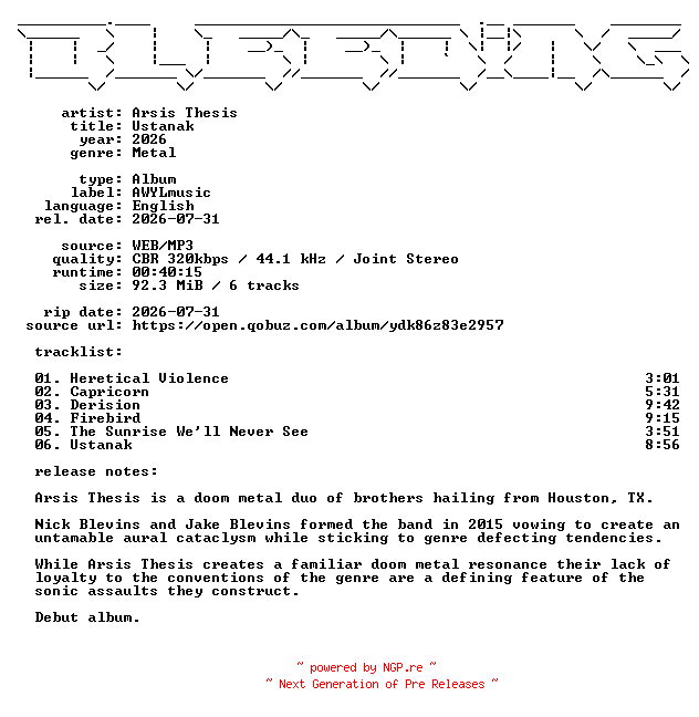 NFO for the release Arsis_Thesis-Ustanak-WEB-2026-BLEEDiNG by BLEEDiNG