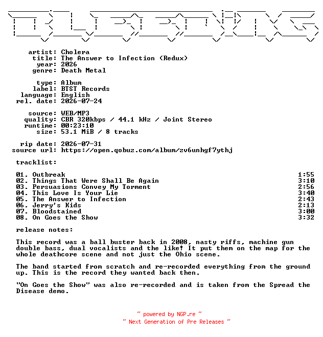 NFO for the release Cholera-The_Answer_to_Infection_(Redux)-WEB-2026-BLEEDiNG by BLEEDiNG