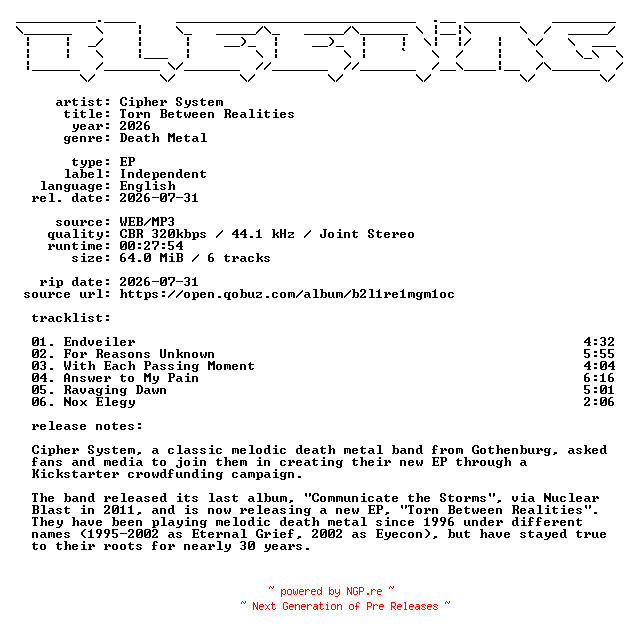 NFO for the release Cipher_System-Torn_Between_Realities-EP-WEB-2026-BLEEDiNG by BLEEDiNG
