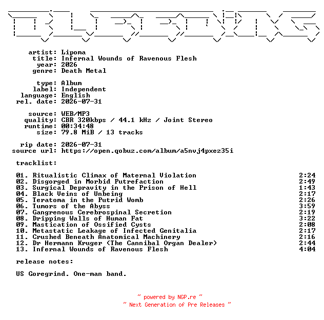 NFO for the release Lipoma-Infernal_Wounds_of_Ravenous_Flesh-WEB-2026-BLEEDiNG by BLEEDiNG