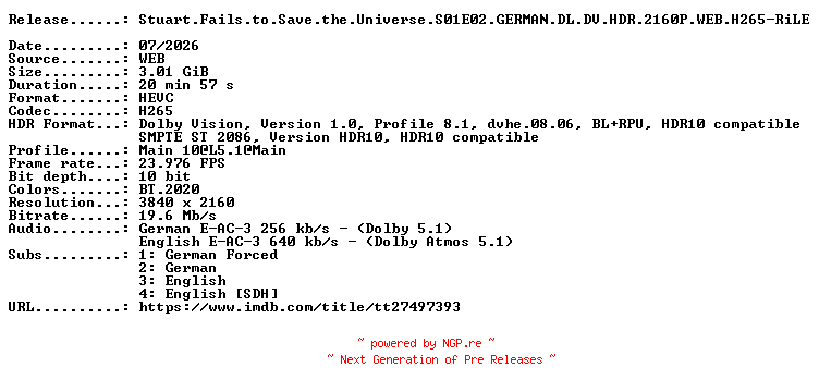 NFO for the release Stuart.Fails.to.Save.the.Universe.S01E02.GERMAN.DL.DV.HDR.2160P.WEB.H265-RiLE by RiLE