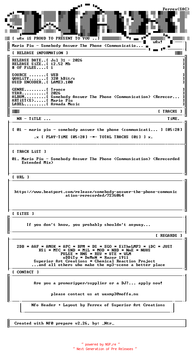 NFO for the release Mario_Piu-Somebody_Answer_The_Phone_(Communication)_(Rerecorded)-(ARMAS3809)-SINGLE-WEB-2026-wAx by wAx