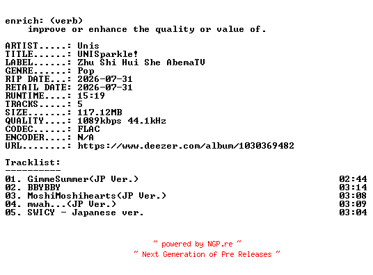 NFO for the release Unis-UNISparkle-JP-EP-16BIT-WEB-FLAC-2026-ENRiCH by ENRiCH