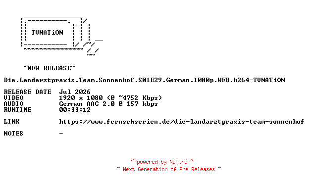 NFO for the release Die.Landarztpraxis.Team.Sonnenhof.S01E29.German.1080p.WEB.h264-TVNATiON by TVNATiON
