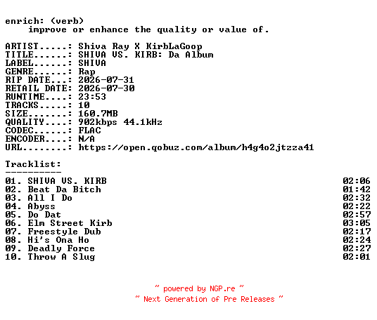 NFO for the release Shiva_Ray_X_KirbLaGoop-SHIVA_VS._KIRB_Da_Album-16BIT-WEB-FLAC-2026-ENRiCH by ENRiCH