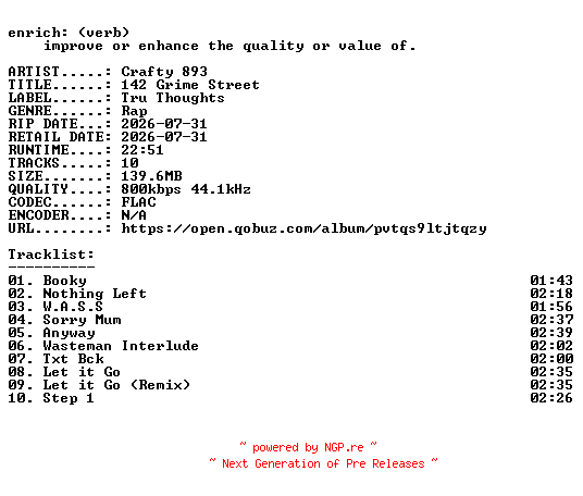 NFO for the release Crafty_893-142_Grime_Street-16BIT-WEB-FLAC-2026-ENRiCH by ENRiCH