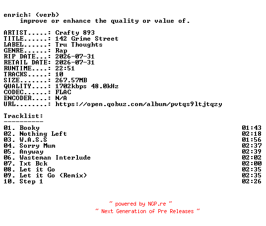 NFO for the release Crafty_893-142_Grime_Street-24BIT-WEB-FLAC-2026-ENRiCH by ENRiCH