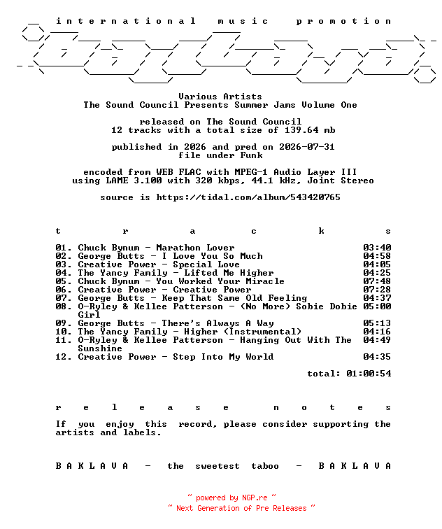 NFO for the release VA-The_Sound_Council_Presents_Summer_Jams_Volume_One-WEB-2026-BAKLAVA by BAKLAVA