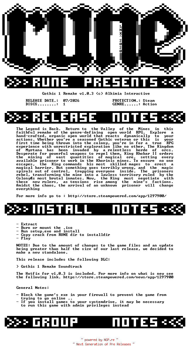 NFO for the release Gothic.1.Remake.v1.0.3-RUNE by RUNE