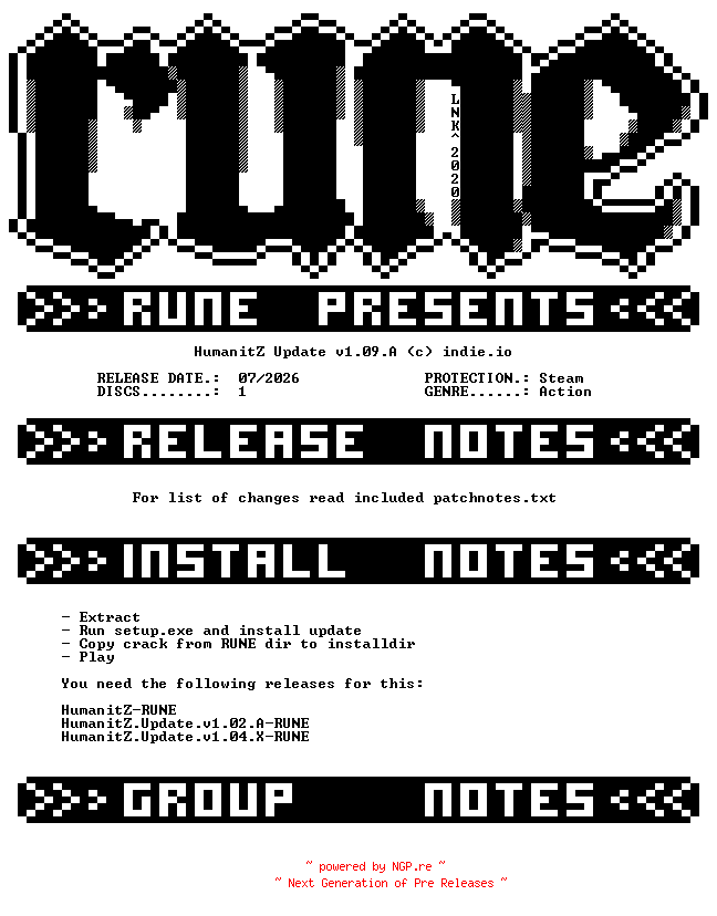 NFO for the release HumanitZ.Update.v1.09.A-RUNE by RUNE