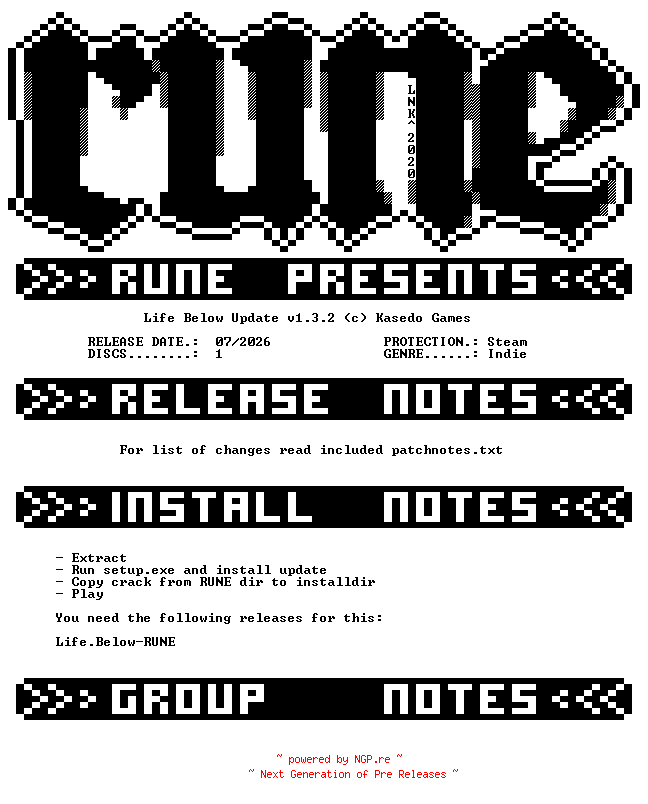 NFO for the release Life.Below.Update.v1.3.2-RUNE by RUNE
