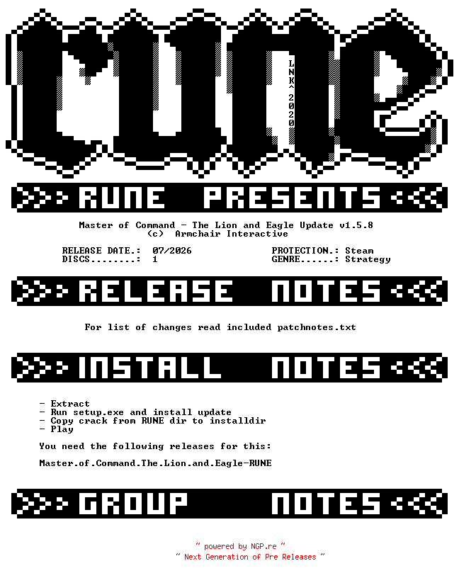 NFO for the release Master.of.Command.The.Lion.and.Eagle.Update.v1.5.8-RUNE by RUNE