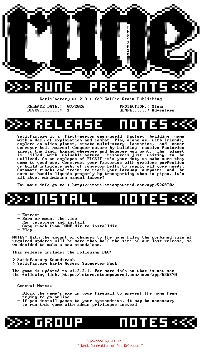 NFO for the release Satisfactory.v1.2.3.1-RUNE by RUNE