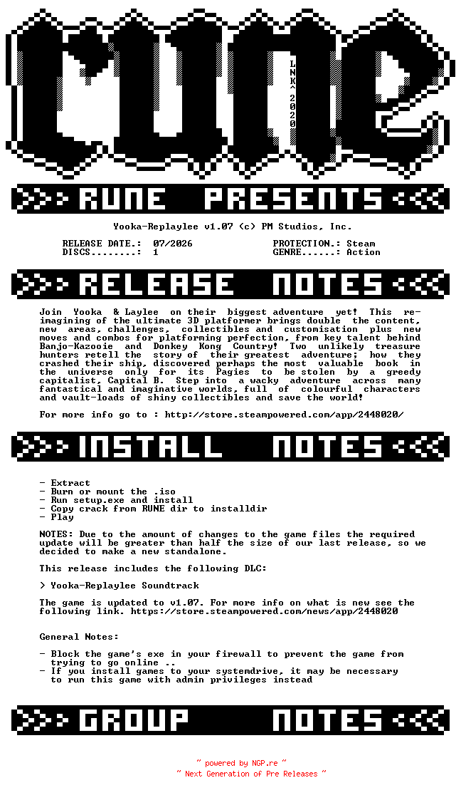 NFO for the release Yooka-Replaylee.v1.07-RUNE by RUNE