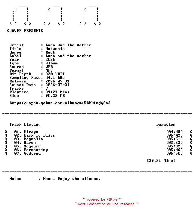 NFO for the release Luna_And_The_Aether-Metanoia-WEB-2026-QUAVER by QUAVER