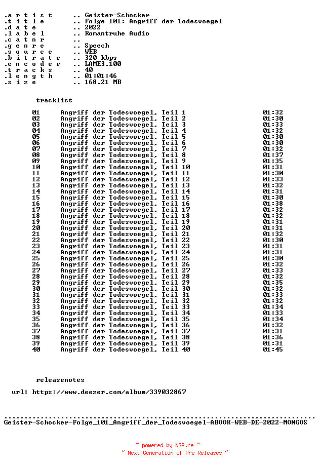 NFO for the release Geister-Schocker-Folge_101_Angriff_der_Todesvoegel-ABOOK-WEB-DE-2022-MONGOS by MONGOS